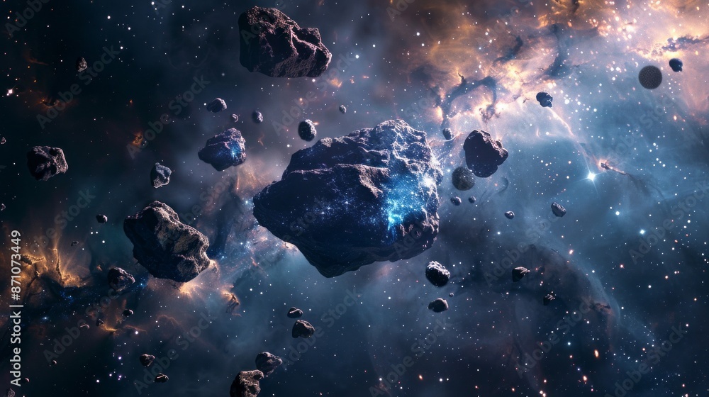 Poster a mesmerizing view of asteroids drifting through the vast expanse of space, surrounded by swirling n