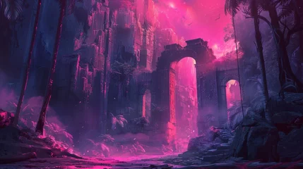 Wandcirkels Aubergine Ancient Ruins In A Pink Glow  © OlScher