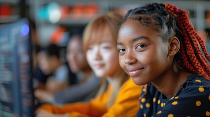 A group of diverse students are engaged in coding activities in a modern classroom setting, highlighting technology-driven learning and collaborative teamwork.