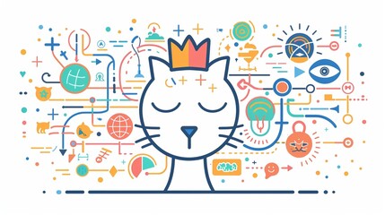 Cat Wearing Crown Surrounded by Colorful Abstract Design