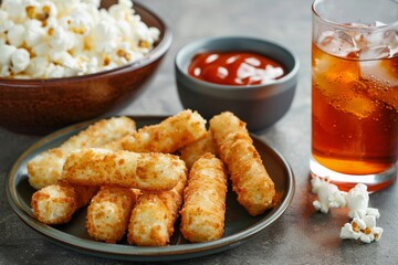 Cheese sticks on a plate, next to a bowl of popcorn and a glass of soda. Concept: delicious meal, fast food, fried snack