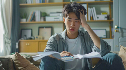 Stressed Young Man Calculating Finances at Home with Documents