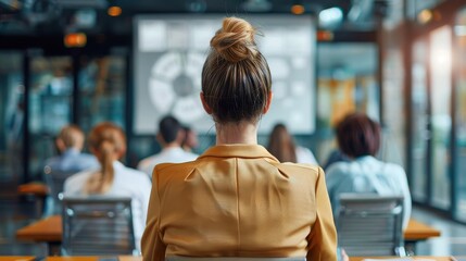 A professional woman with a stylish bun at a presentation event. The image captures the back view of the woman while other attendees are focused on the presentation.