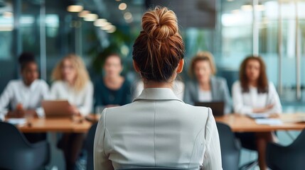 Fototapeta premium A back view of a professional woman with a bun in a corporate board meeting. The focus is on the woman while others in the meeting room are engaged in discussion.