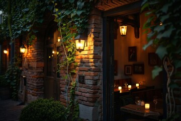 Fototapeta premium small cozy restaurant with warm spring light of lamps and candles, view from the street