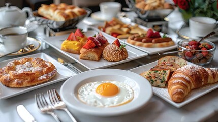 Fototapeta premium An elegant breakfast setup displaying assorted pastries, sunny side up eggs, fruits, and hot beverages arranged beautifully on a white table, ready for an indulgent start of the day.
