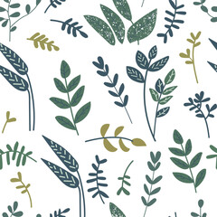 Vector seamless pattern with green plants on white background.