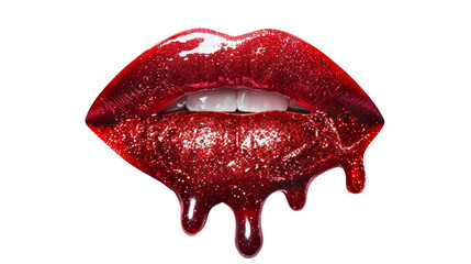 Glossy red lips with sparkling glitter and dripping effect