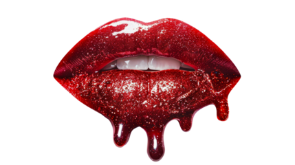 Glossy red lips with sparkling glitter and dripping effect