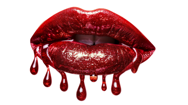 Glossy Red Lips with Glitter and Dripping Effect