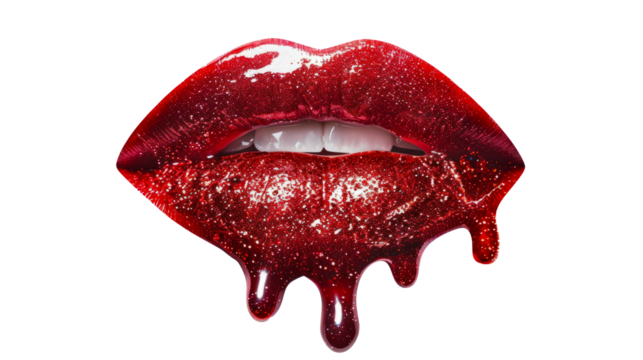 Glossy red lips with sparkling glitter and dripping effect