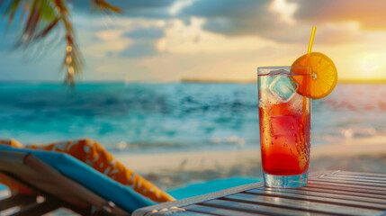 a multi-colored cocktail stands on a table on the beach, with the sea in the background