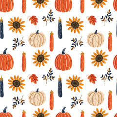 Vector seamless pattern with autumn harvest pumpkins on white background.