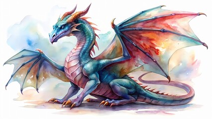 Majestic dragon with vibrant scales and sprawling wings sits poised on invisible throne, fierce claws extended, against a crisp transparent background.