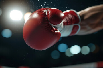 Close-up of a red boxing glove during a punch in action, showcasing the intensity and power of the sport in a dramatic setting.