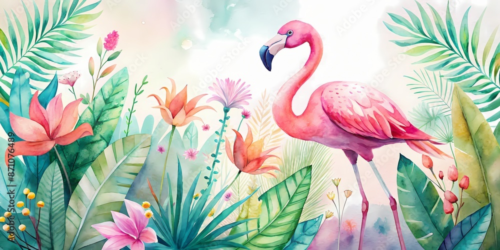 Wall mural Vibrant pink flamingo stands amidst lush tropical branches and colorful flowers, creating a serene and exotic atmosphere in a sun-kissed serene natural setting.