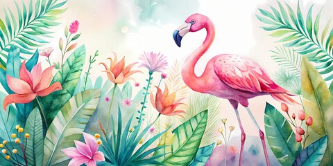 Naklejka premium Vibrant pink flamingo stands amidst lush tropical branches and colorful flowers, creating a serene and exotic atmosphere in a sun-kissed serene natural setting.