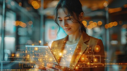 A woman engages with augmented reality through a digital overlay, emphasizing the convergence of technology and human interaction in a modern, illuminated environment.
