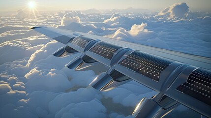 Fototapeta premium Solar panels integrated into the wings of a futuristic aircraft, capturing sunlight during flight for power.