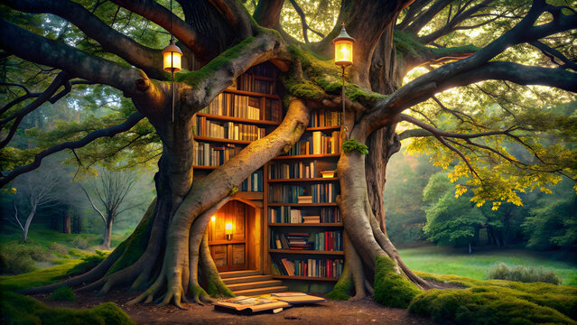 Bookshelf with books in a magical forest. Abstraction ancient library in tree with book