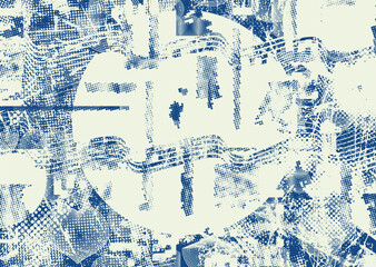 Glitch distorted grungy abstract forms . Cyber punk seamless pattern texture. Halftone dots .Futuristic background . Glitched shapes with dots and lines .Screen print endless pattern texture