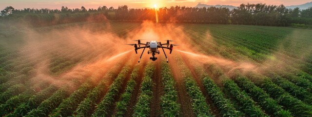 Future farming - agriculture drone fertilizing a field, innovative technology enhancing crop yield and efficiency, revolutionizing modern agricultural practices for sustainable growth.