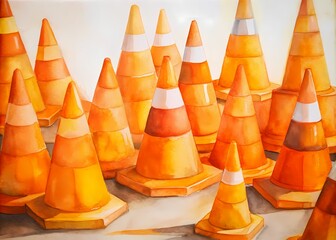 Vibrant orange traffic cones of various sizes stacked and arranged in a random pattern on a clean and minimalist white background, creating a bold visual effect.
