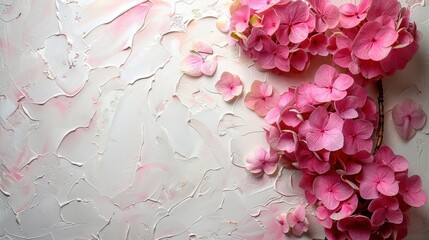 Fototapeta premium Hydrangea flower flatlay background for product mockup scene creator. Extra space for text copy.