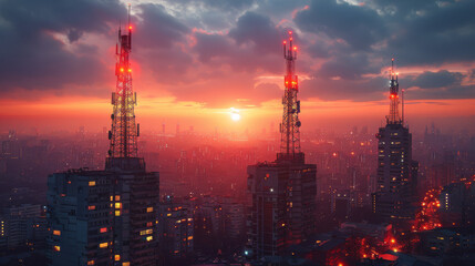 Obraz premium Cityscape with 5G Antennas and Equipment