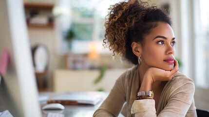Thoughtful young woman working remotely looking away from computer screen