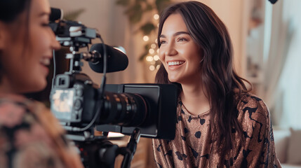 Young actress smiling while filming a scene directed by a female film director