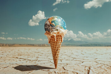 Melting ice cream cone with Earth as the scoop, set against a cracked, arid landscape under a clear sky