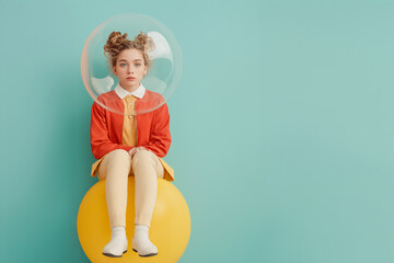 Girl in orange jacket and yellow pants sitting on a yellow ball, isolated inside a transparent bubble helmet against a turquoise background