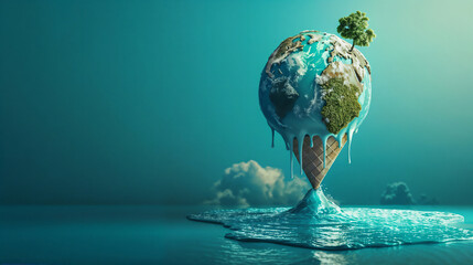 Melting ice cream cone with Earth as the scoop, dripping onto a reflective surface, symbolizing global warming and climate change