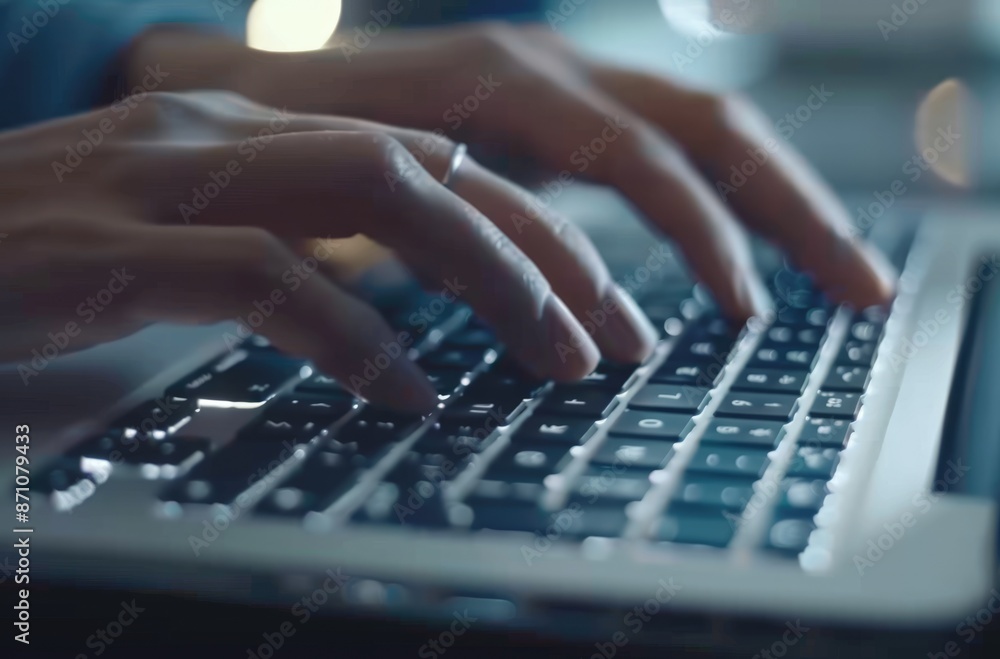 Poster closeup image of hands typing on a laptop keyboard with ambient lighting, illustrating computer work