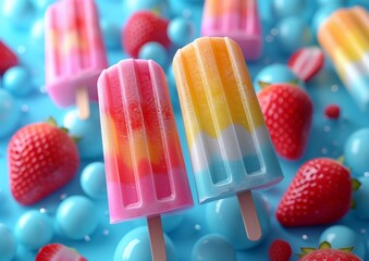 Playful Popsicle Illustration in Bright Geometric Patterns on Vivid Blue Background