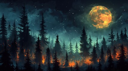 A detailed painting depicting a dense forest under a full moon. The moonlight illuminates the trees and creates shadows, casting a mysterious atmosphere