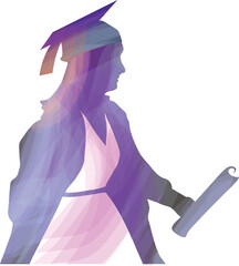 Woman graduate silhouette wearing graduation hat and holding a certificate. 