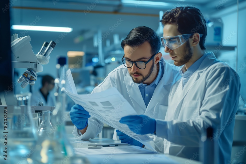 Poster scientists analyzing data in a laboratory, discussing results in white coats and gloves.