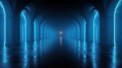 Obraz premium A hallway with multiple arches stretching into the distance, illuminated by blue lights