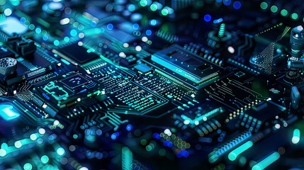 Fototapeta premium Detailed depiction of edge computing showcasing the benefits of this technology with vibrant blue and green elements set against a dark high-tech background