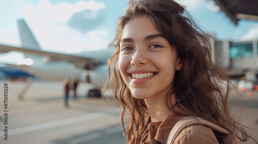 Wall mural happy young woman smiling at the airport with airplane in the background, ready for travel adventure