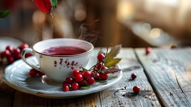 Steaming cup of cranberry tea in a delicate cuo