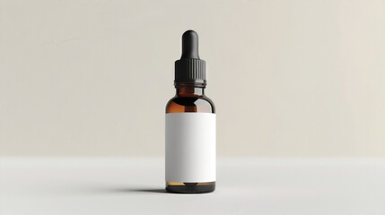 Minimalistic amber glass dropper bottle with blank white label on neutral background, ideal for cosmetic or essential oil branding.
