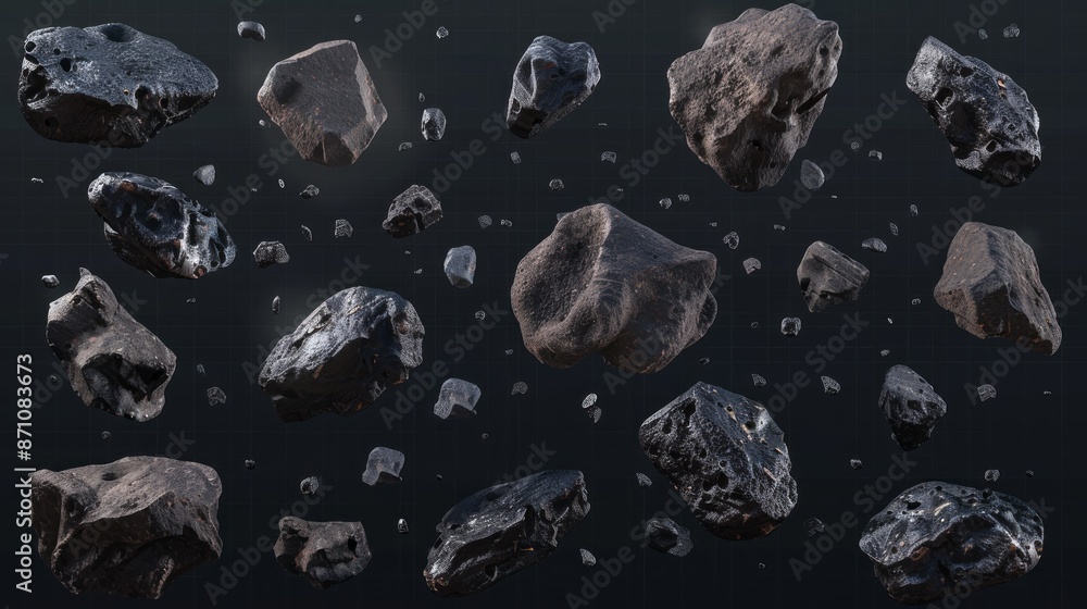 Poster a realistic digital rendering of a field of asteroids, ranging in size and shape, floating in the va