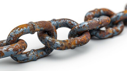 Fototapeta premium Close-up of rusty chain links on white background, aged metal concept