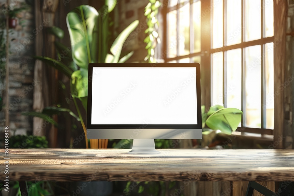 Poster modern computer monitor with blank screen on rustic wooden desk in sunlit room with large windows an