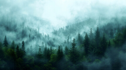 Misty pine forest in the mountains, with layers of fog creating a mystical atmosphere. Serene...