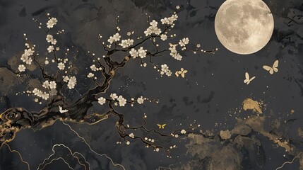 Ancient gold Plum Tree Blossoms Under the Full Moon. Moon and Night with butterfly mural background and wallpaper. High quality AI generated image