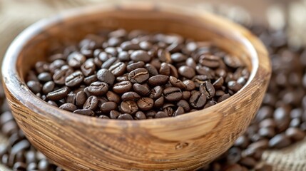 Fototapeta premium Roasted coffee beans in wooden bowl. Aromatic roasted coffee beans in a rustic wooden bowl, ready for grinding and brewing a fresh cup of coffee.